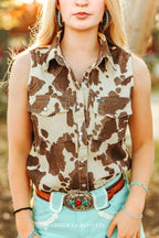 Sleeveless Cowhide Print Denim Western Shirt with Pearl Snaps