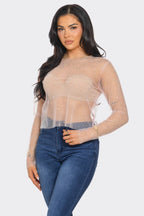 Crystal Studded Mesh Top – Rainbow Rhinestone Sheer Blouse
