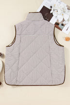 Brown Stripe Quilted Wavy Hem Snap Button Plus Size Vest