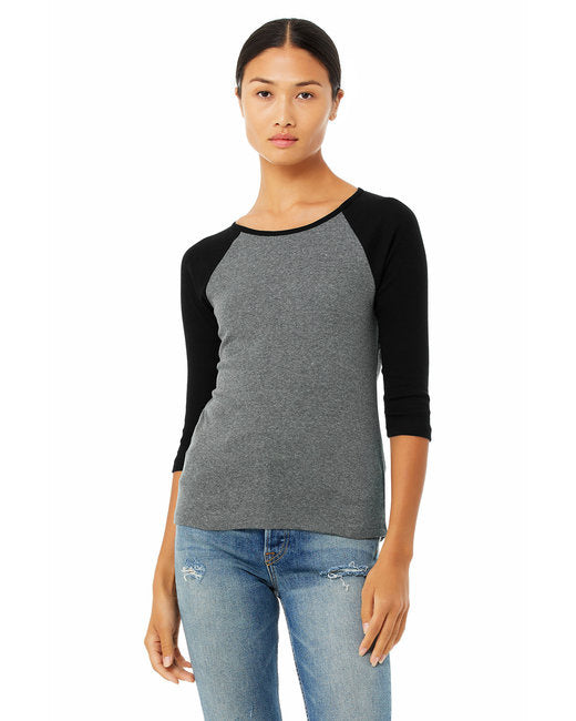 Ladies Baby Rib 34-Sleeve contrast Raglan T-Shirt - DEEP HTHR BLAcK - S(D0102H78Z0T)