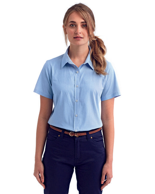 Ladies Microcheck gingham Short-Sleeve cotton Shirt - BLAcK WHITE - 2XL(D0102H7MK8X)