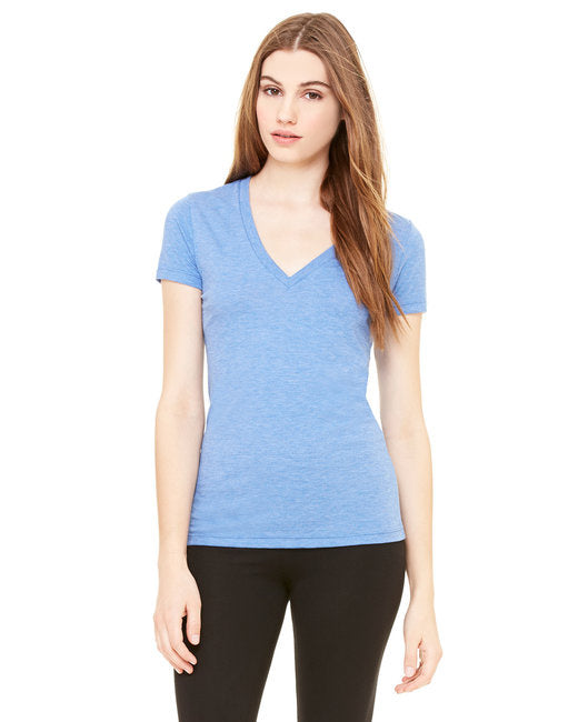 Ladies Triblend Short-Sleeve Deep V-Neck T-Shirt - BLUE TRIBLEND - S(D0102H7WB0J)
