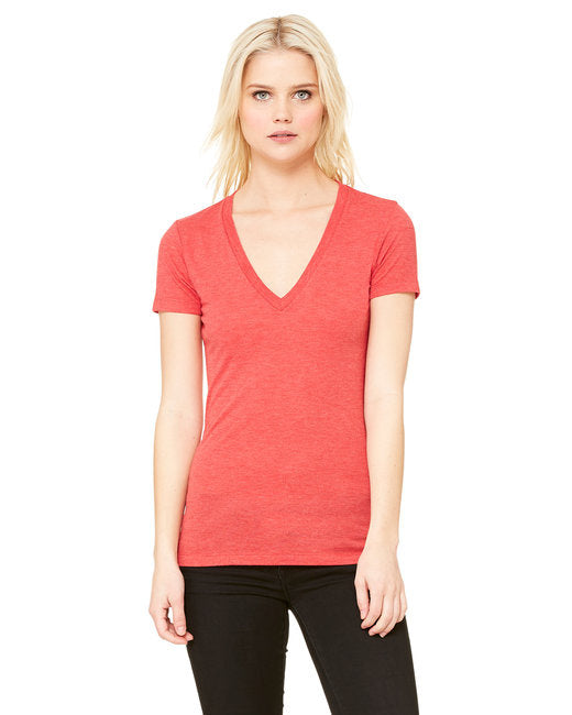 Ladies Triblend Short-Sleeve Deep V-Neck T-Shirt - BLUE TRIBLEND - S(D0102H7WB6J)