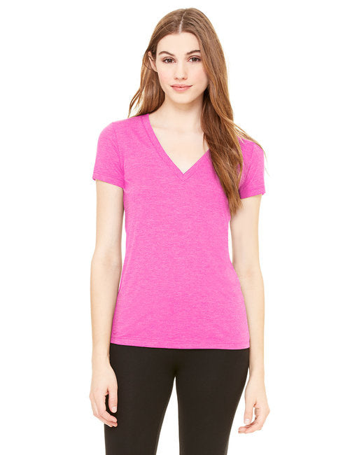 Ladies Triblend Short-Sleeve Deep V-Neck T-Shirt - BLUE TRIBLEND - S(D0102H7WB82)