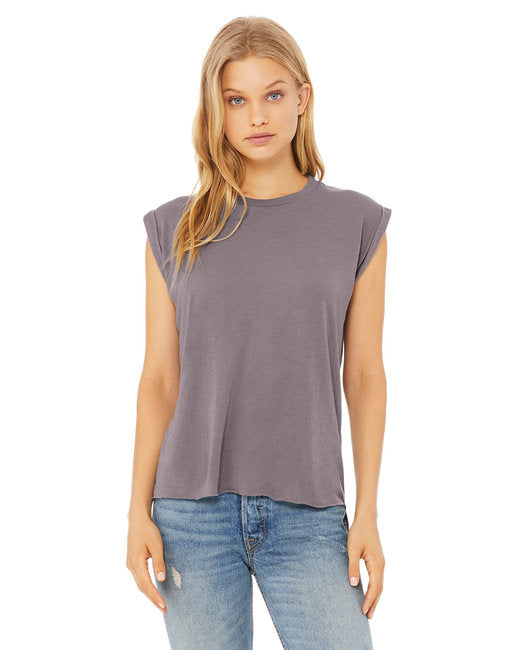 Ladies Flowy Muscle T-Shirt with Rolled cuff - DARK gRY HEATHER - S(D0102H7WH48)