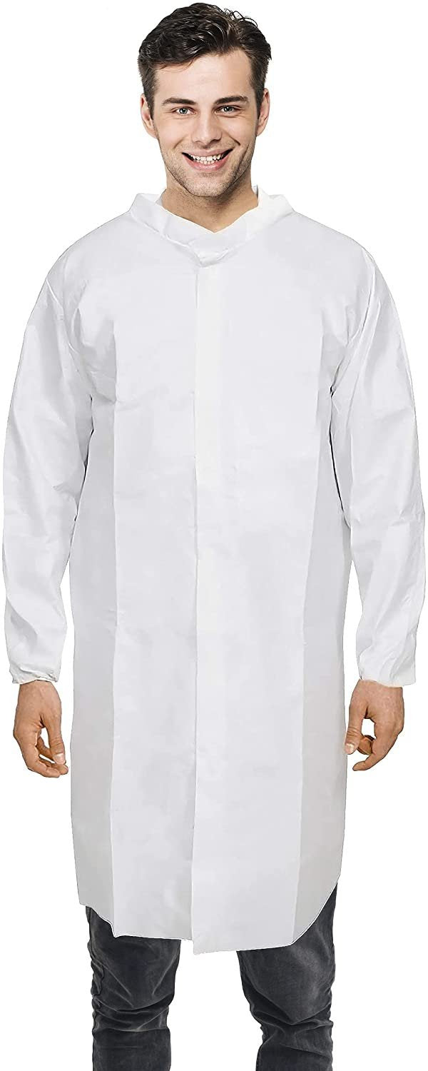 White Disposable Lab coat Pack of 10 Surgical gowns XX-Large Microporous 60gmm2 Disposable gowns with Elastic Wrists and a Manda