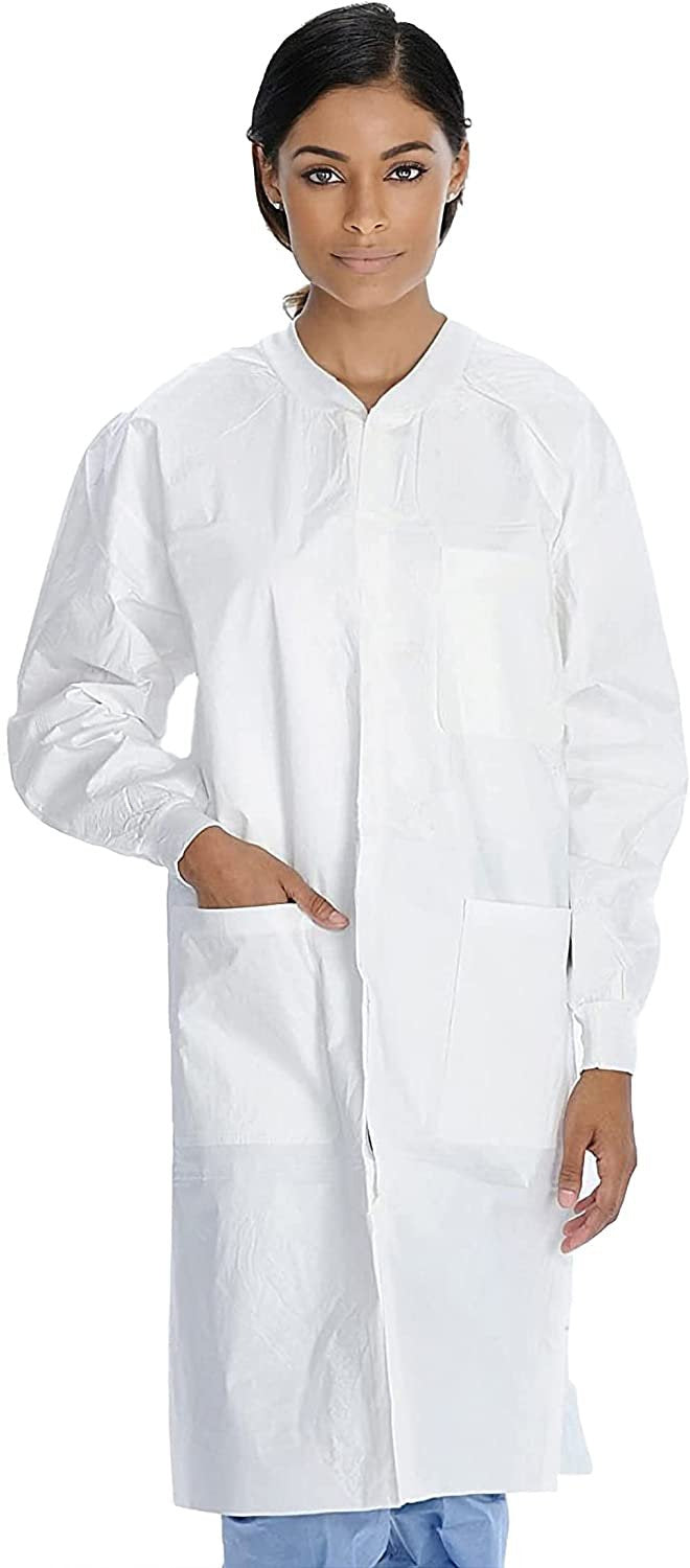 White Disposable Lab coat Pack of 10 Splash Proof Disposable gowns Small 40 gsm SMS Unisex Surgical gowns with Long Sleeves Knit