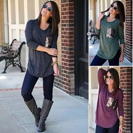 Queenie Tunic Top With Sequined Pocket(D0102HEY7BG.)