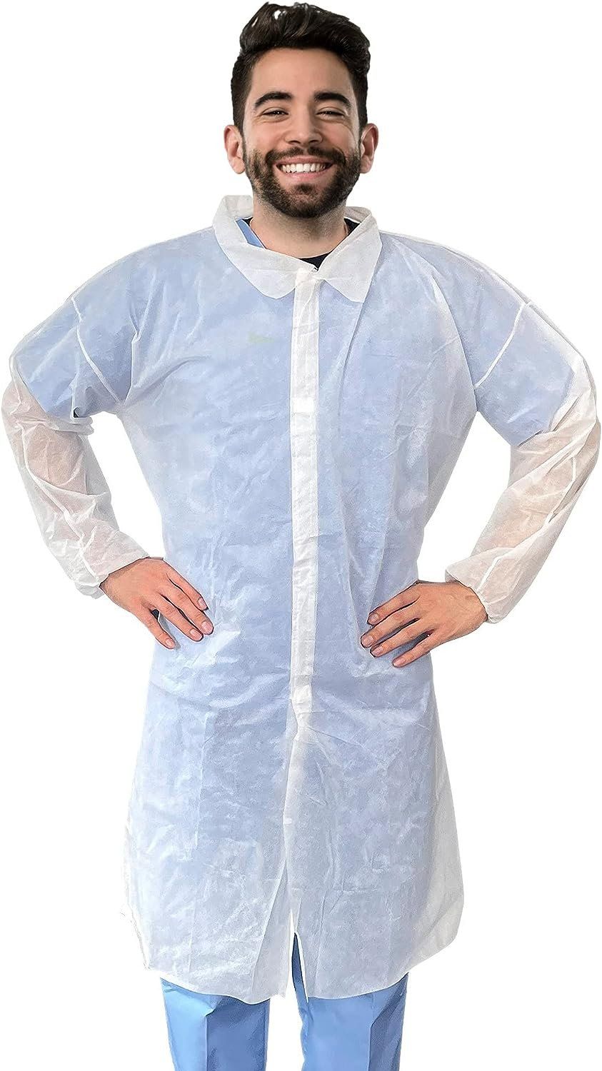 AMZ Medical Supply Disposable Lab coats for Adults 2X-Large, White Polypropylene Lab coats Disposable 100 Pack, Durable 35 gSM D