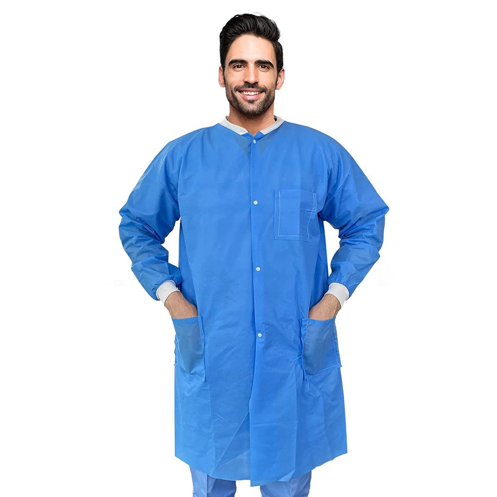 AMZ Medical Supply Disposable Lab coat Pack of 100 Blue Disposable gowns 4X-Large 40 gsm SMS Surgical gowns with Knit Wrists, Kn