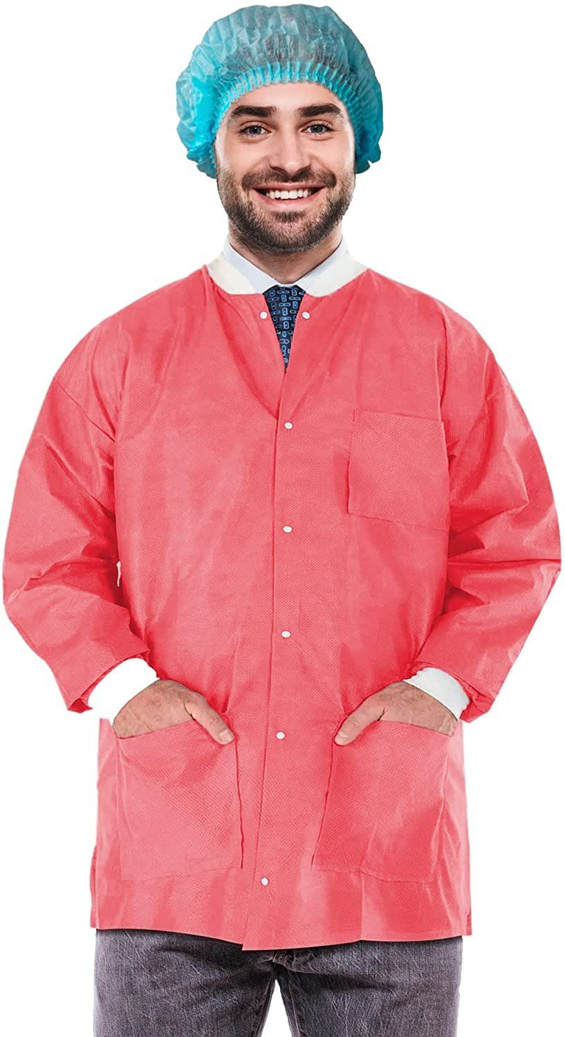 EZgOODZ Disposable Lab Jackets, 32 Pack of 100 coral Pink Hip-Length Work gowns X-Large SMS 50 gsm Shirts with Snaps Front, Knit