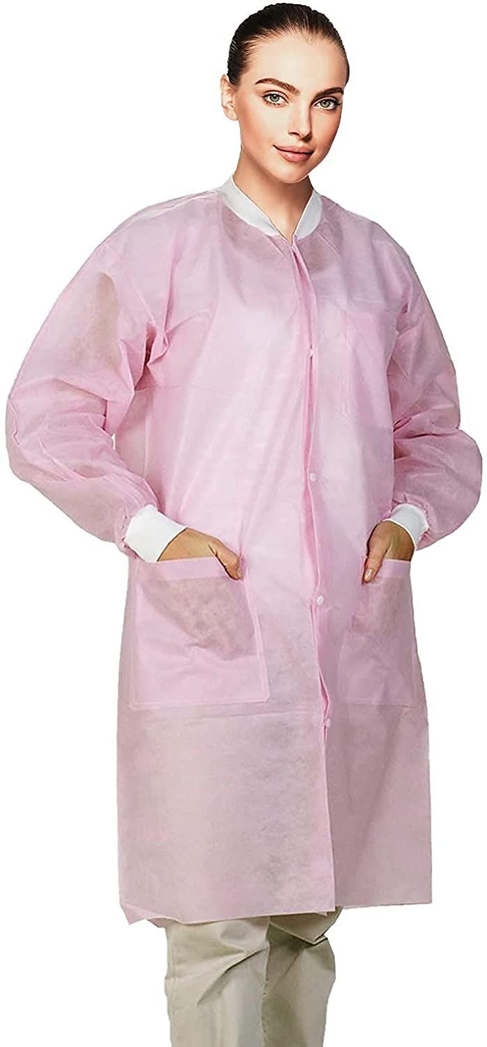 Disposable Lab coats Pack of 10 Light Pink Small SPP 45 gsm Work gowns Protective clothing with Snaps Front Knit cuffs & collar 