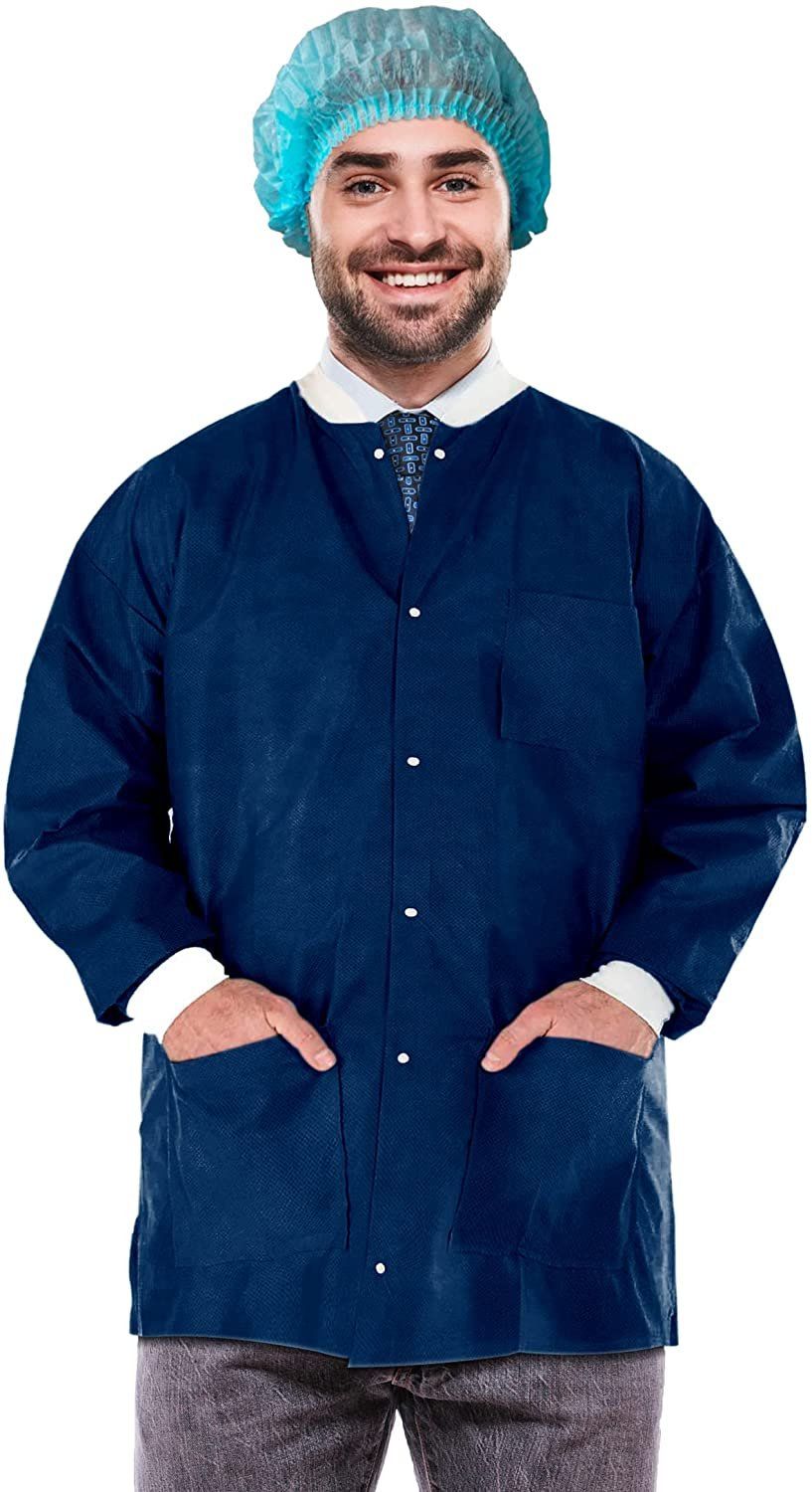 EZgOODZ Disposable Lab Jackets 31 Long Pack of 10 True Blue Hip-Length Work gowns Large SMS 50 gsm Shirts with Snaps Front Knit 