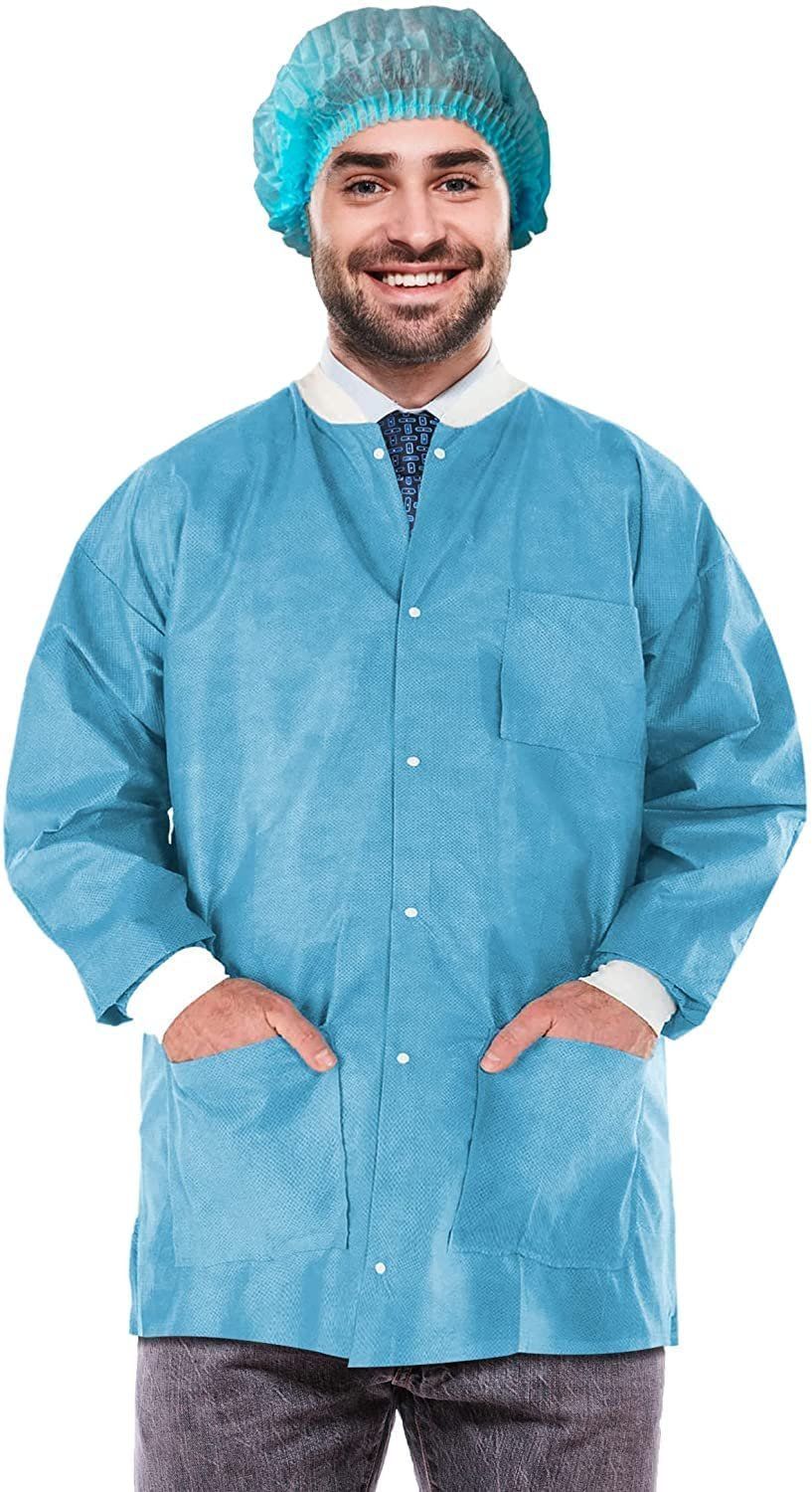 EZgOODZ Disposable Lab Jackets 30 Long Pack of 100 True Blue Hip-Length Work gowns Medium SMS 50 gsm Shirts with Snaps Front Kni