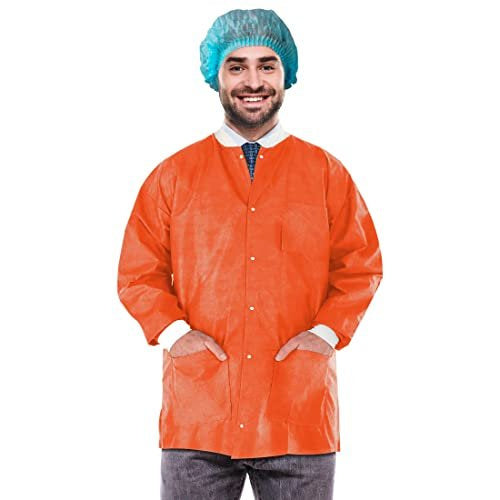 EZgOODZ Disposable Lab Jackets 29 Long Pack of 100 Orange Hip-Length Work gowns Small SMS 50 gsm Shirts with Snaps Front Knit cu