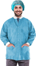 EZgOODZ Disposable Lab Jackets 29 Long Pack of 100 True Blue Hip-Length Work gowns Small SMS 50 gsm Shirts with Snaps Front Knit