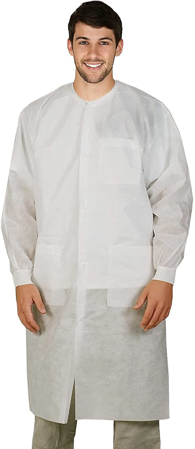 Disposable Lab coats in Bulk Pack of 50 Light Pink Small SPP 45 gsm Work gowns Protective clothing with Snaps Front Knitted cuff