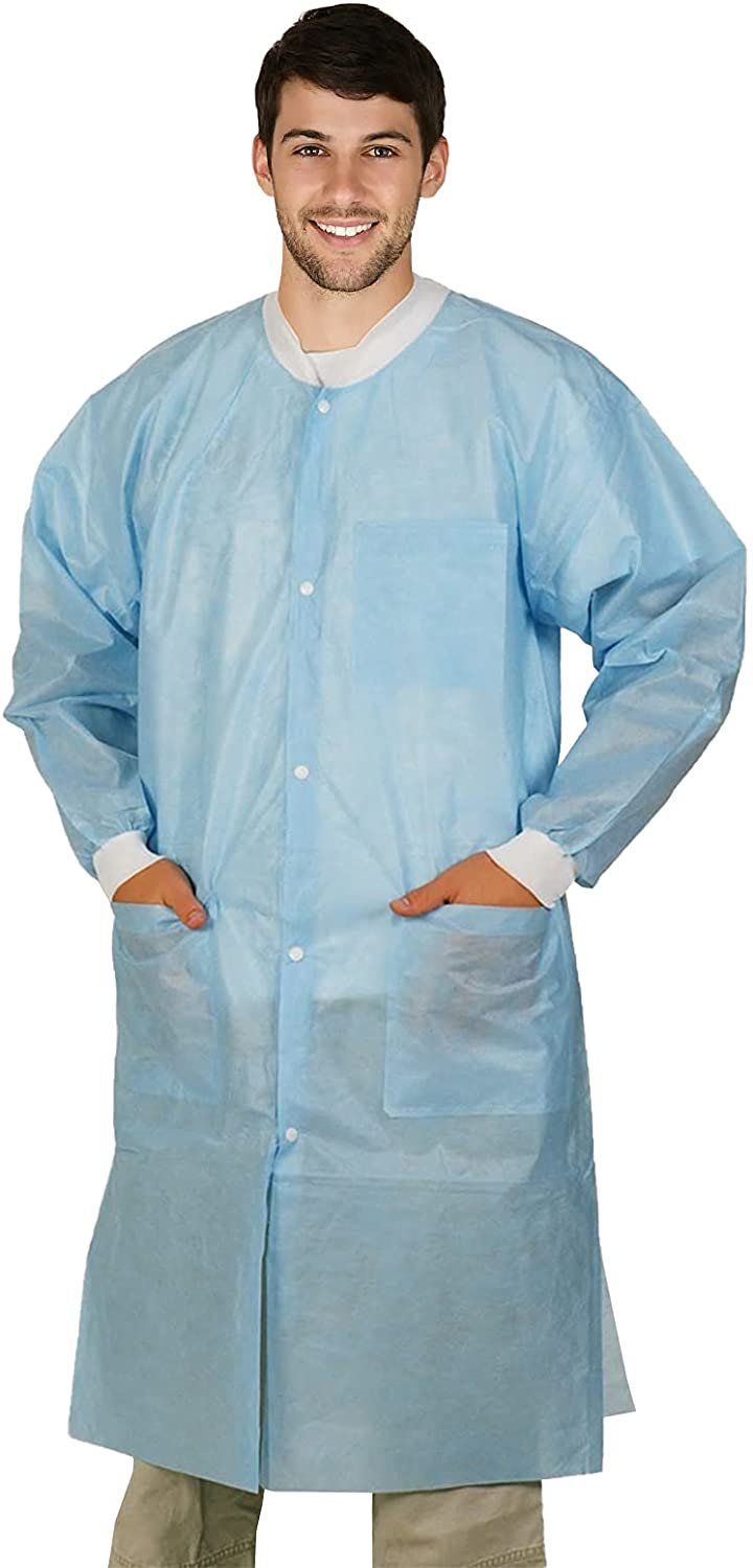 Disposable Lab coats in Bulk Pack of 50 White SPP 45 gsm Work gowns XX-Large Protective clothing with Snaps Front Knitted cuffs 