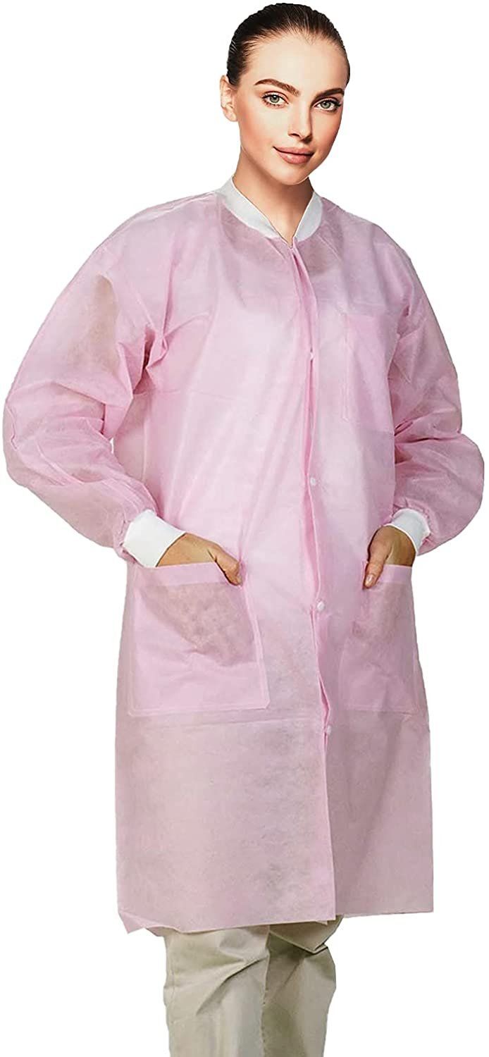 Disposable Lab coats in Bulk Pack of 50 White SPP 45 gsm Work gowns Medium Protective clothing with Snaps Front Knitted cuffs & 
