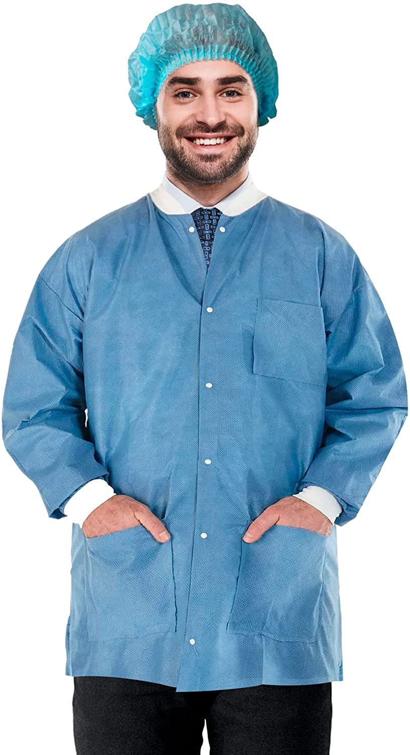 Disposable Lab Jackets in Bulk Pack of 100 Large ceil Blue Hip-Length Work gowns SMS 50 gsm Shirts with Snaps Front Knit cuffs &