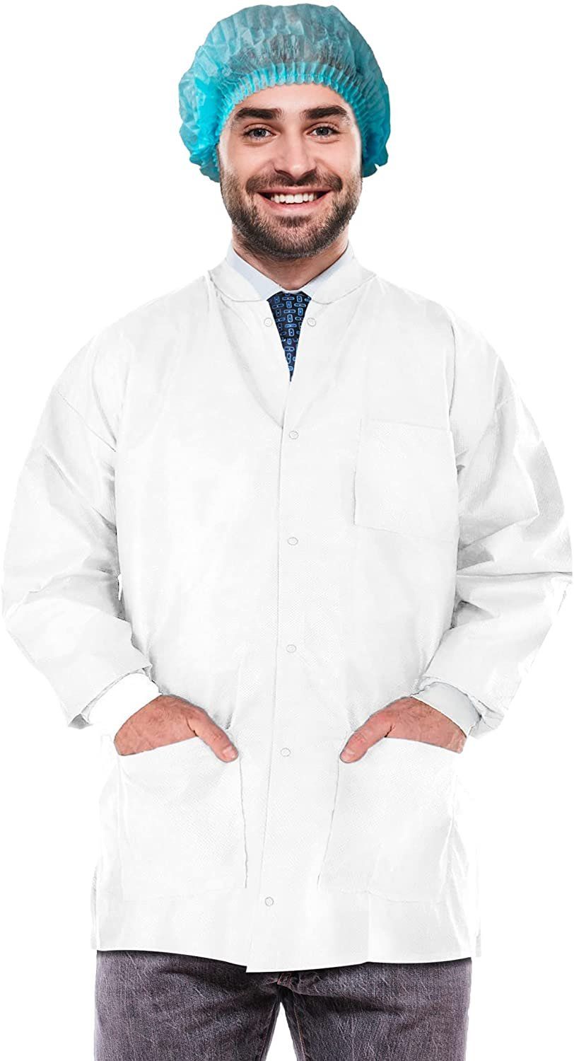 Disposable Lab Jackets 30 inch LongPack of 100 White Hip-Length Work gowns 50 gsm Shirts with Snaps Front Knit cuffs & collar 3 