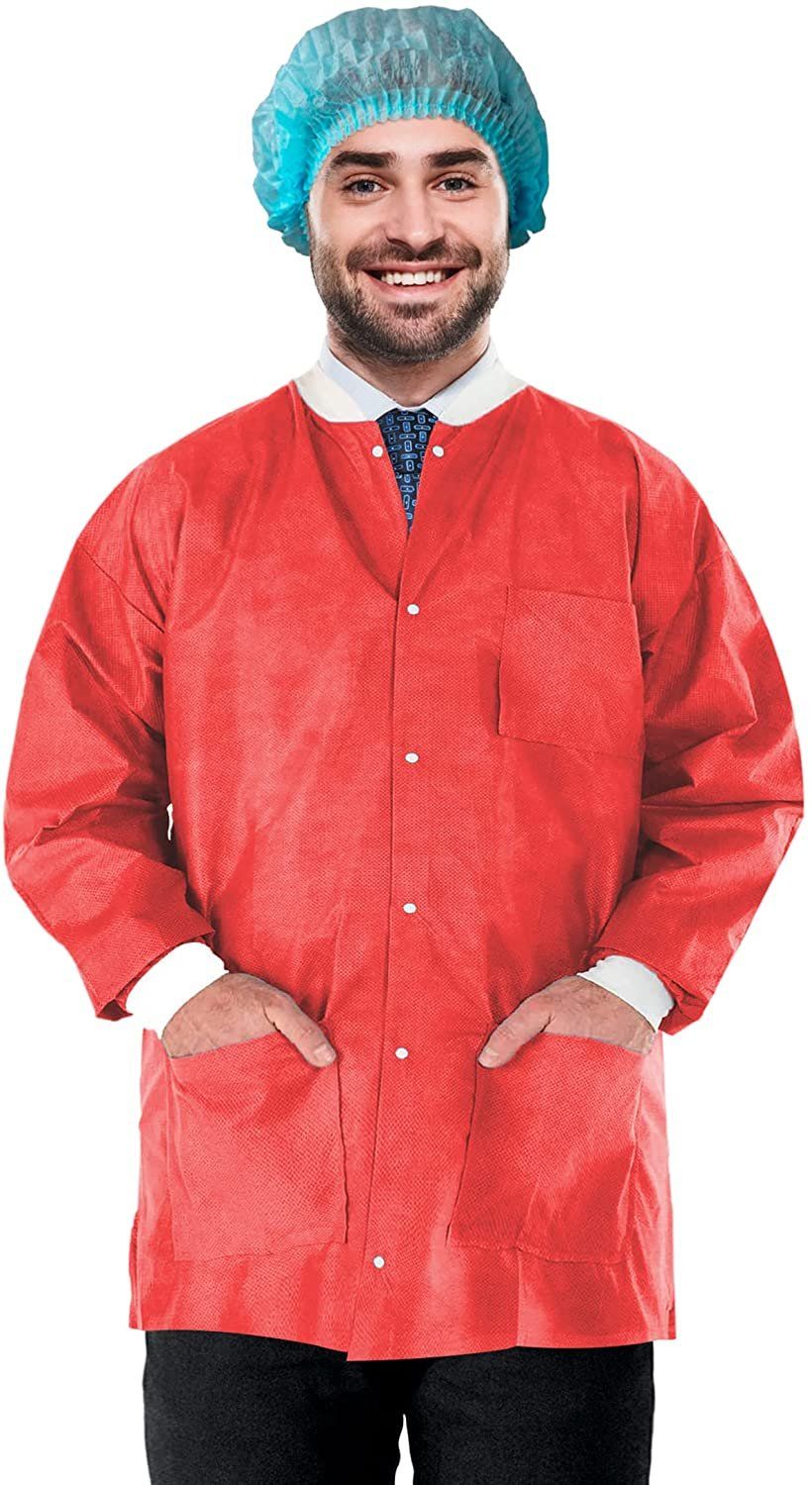 Disposable Lab Jackets 31 Long Pack of 100 Red Hip Length Work gowns Large SMS 50 gsm Shirts with Snaps Front Knit cuffs & colla
