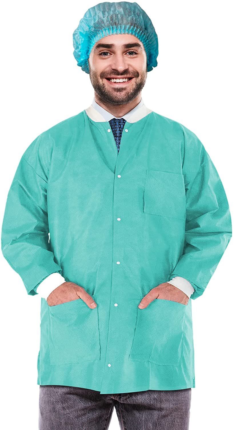Disposable Lab Jackets 32 Long Pack of 100 Purple Hip Length Work gowns X-Large SMS 50 gsm Shirts with Snaps Front Knit cuffs & 