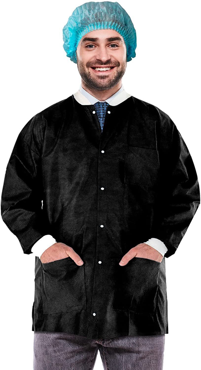Disposable Lab Jackets 32 Long Pack of 100 Teal Hip Length Work gowns X-Large SMS 50 gsm Shirts with Snaps Front Knit cuffs & co