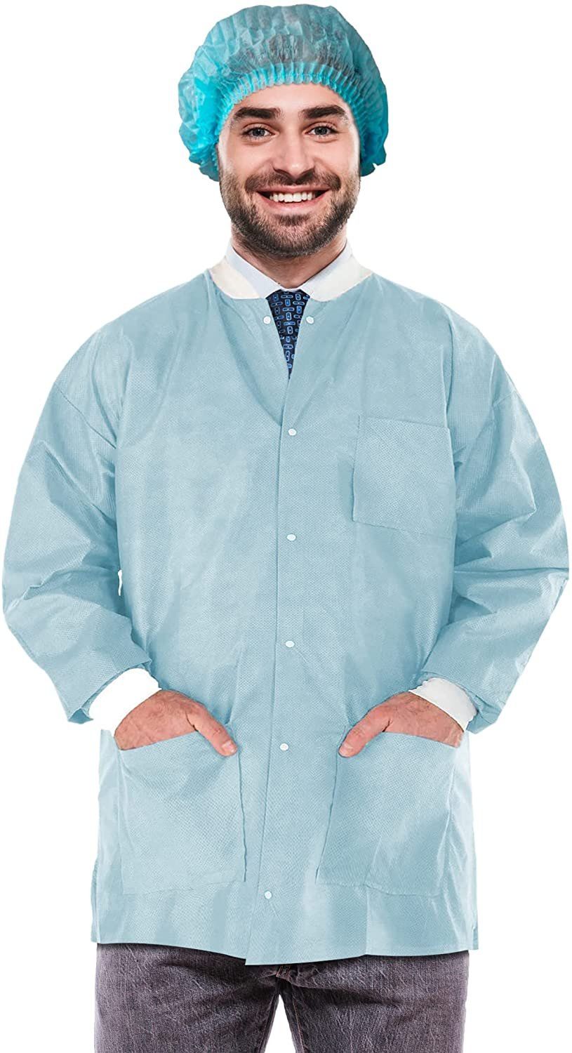 Disposable Lab Jackets 30 Long Pack of 100 Sky Blue Hip-Length Work gowns Medium SMS 50 gsm Shirts with Snaps Front Knit cuffs &