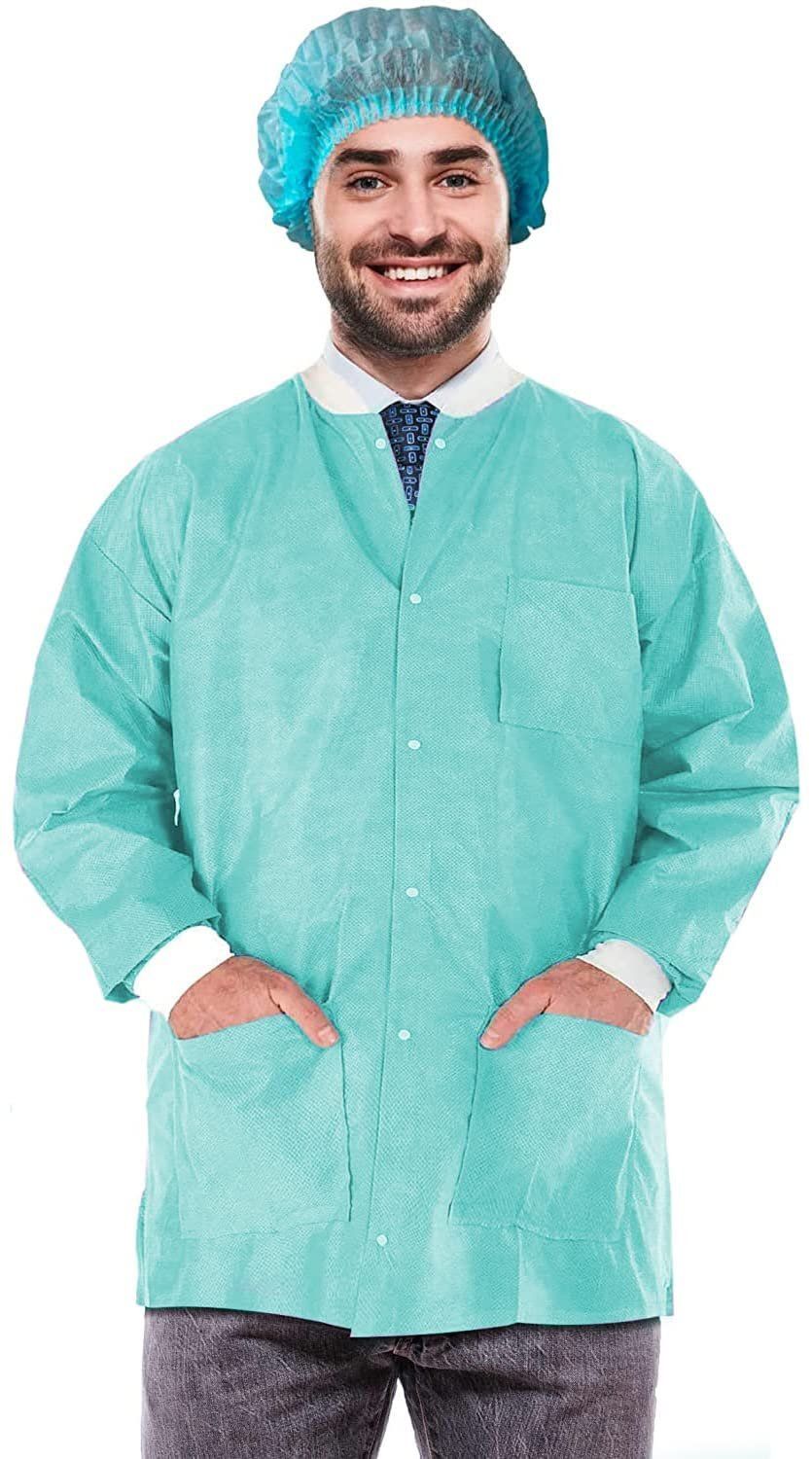 Disposable Lab Jackets 29 Long Pack of 100 Teal Hip-Length Work gowns Small SMS 50 gsm Shirts with Snaps Front Knit cuffs & coll