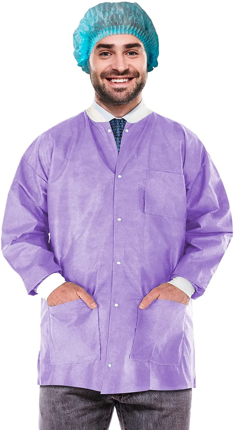 Disposable Lab Jackets 30 Long Pack of 100 Purple Hip Length Work gowns Medium SMS 50 gsm Shirts with Snaps Front Knit cuffs & c