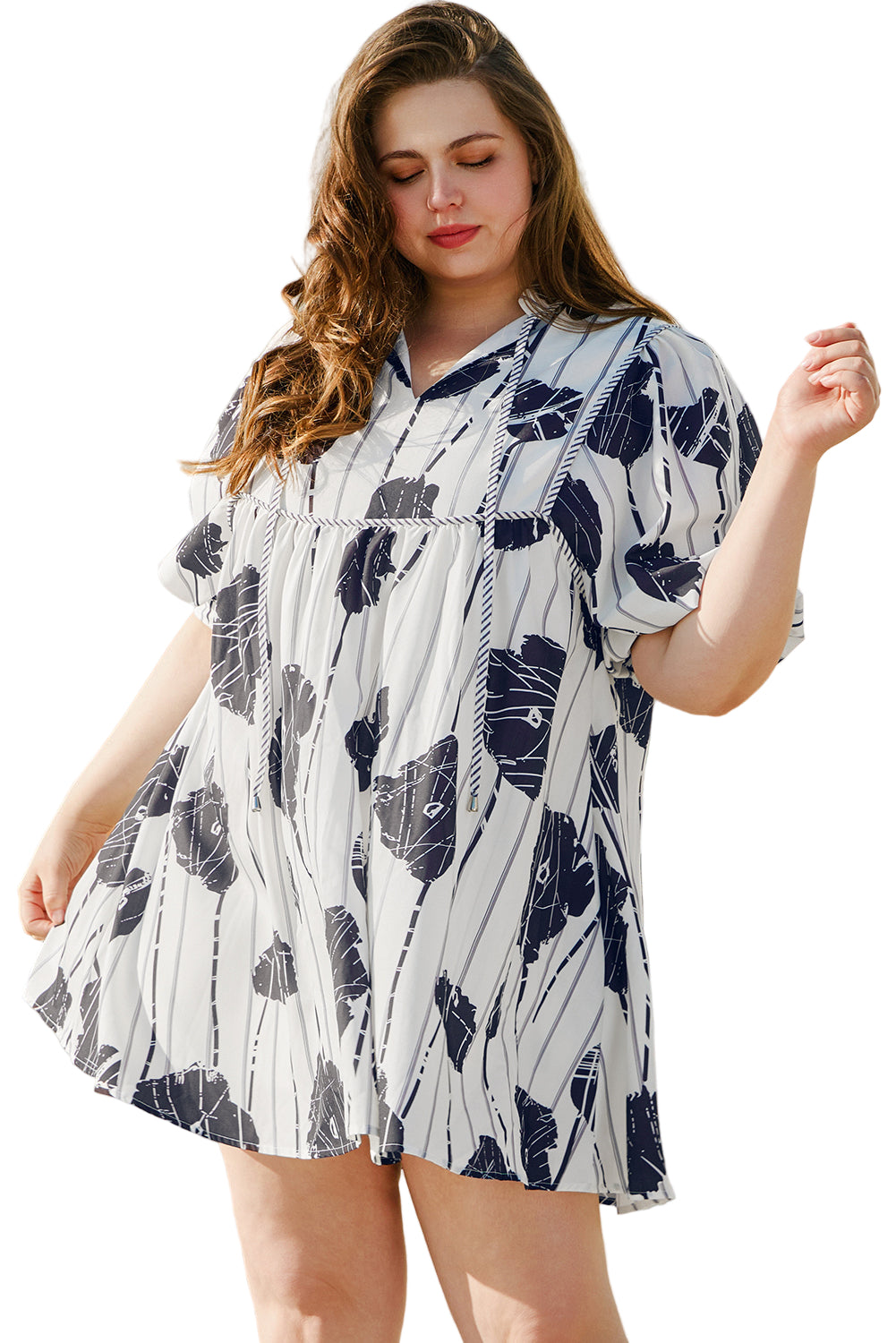 Black Plus Size Floral 3/4 Puff Sleeve Lace-up Neck Mini Dress