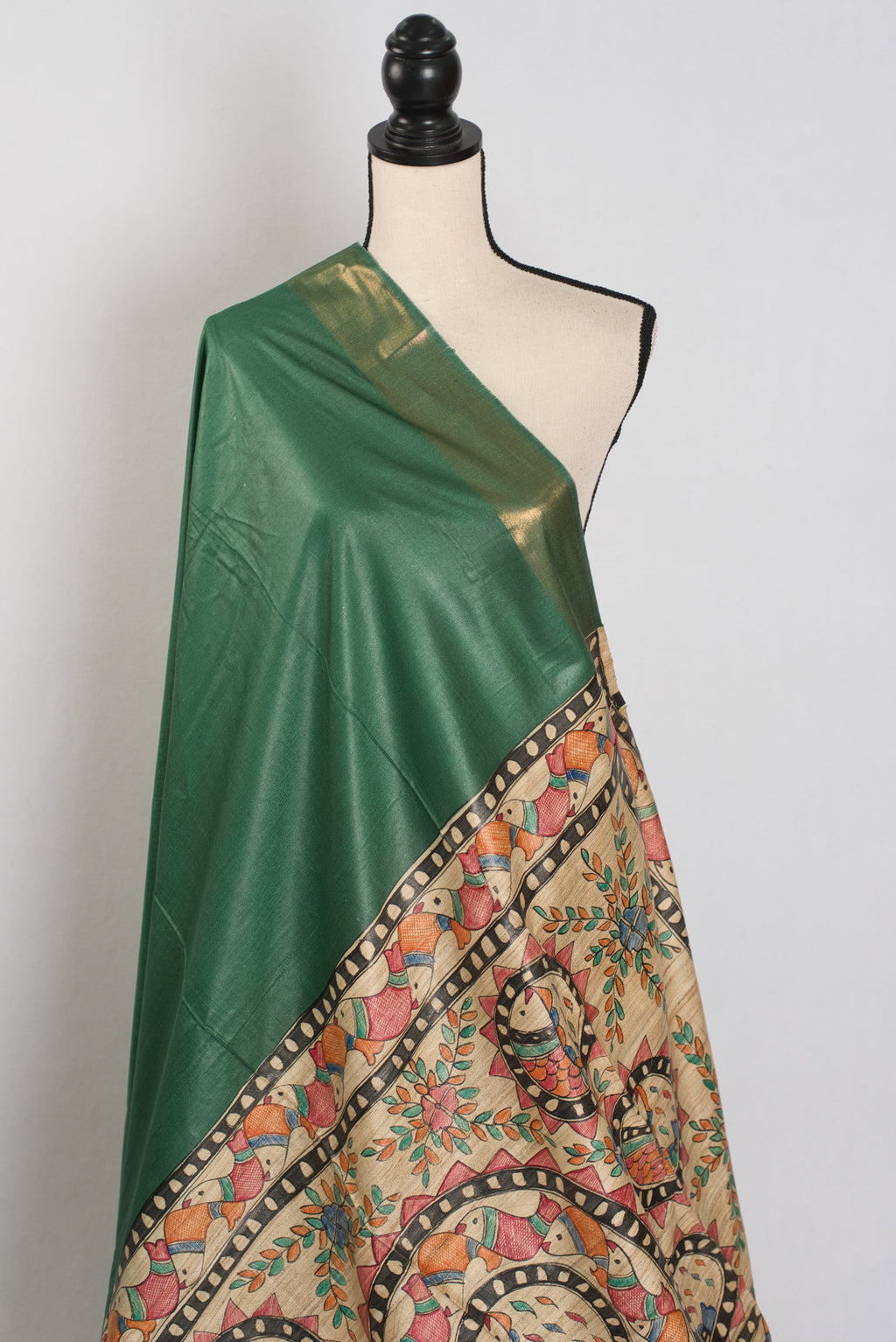 Bina : Dark Green Staple Tussar Saree | Hand-Painted Madhubani Pallu