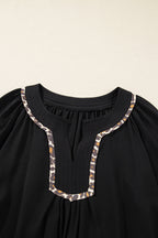 Black Plus Size Notched Neck Leopard Trim Flounce Long Sleeve Shift Dress