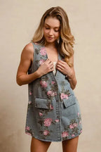 Denim Vest - Floral Print - Women's Chic Casual