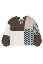 Brown Plus Size Color Block Patchwork Knotted Back Loose Fit Sweater