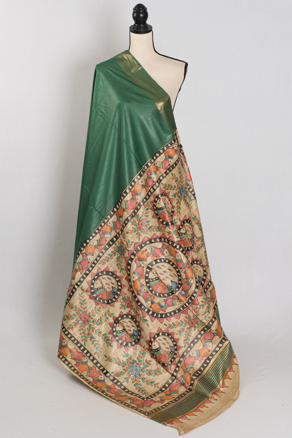 Bina : Dark Green Staple Tussar Saree | Hand-Painted Madhubani Pallu