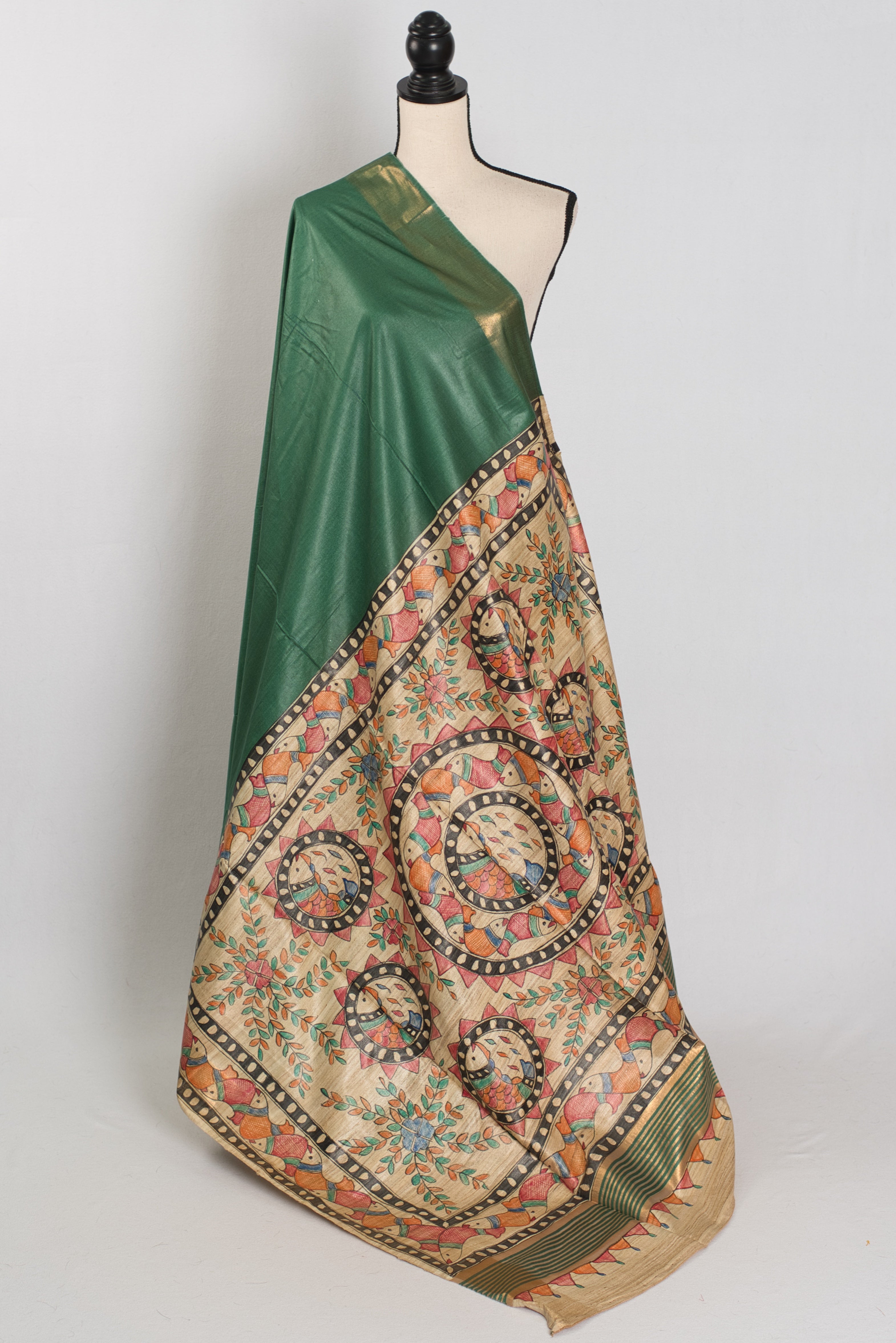 Bina : Dark Green Staple Tussar Saree | Hand-Painted Madhubani Pallu