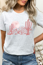 Pink Moon Night Desert Scene Cacti Graphic Tee T-Shirt
