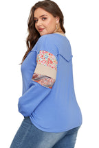 Khaki Exposed Seam Floral Mixed Patchwork Relaxed Plus Size Top