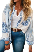 Sky Blue Leopard Striped Patchwork Casual Plus Shirt