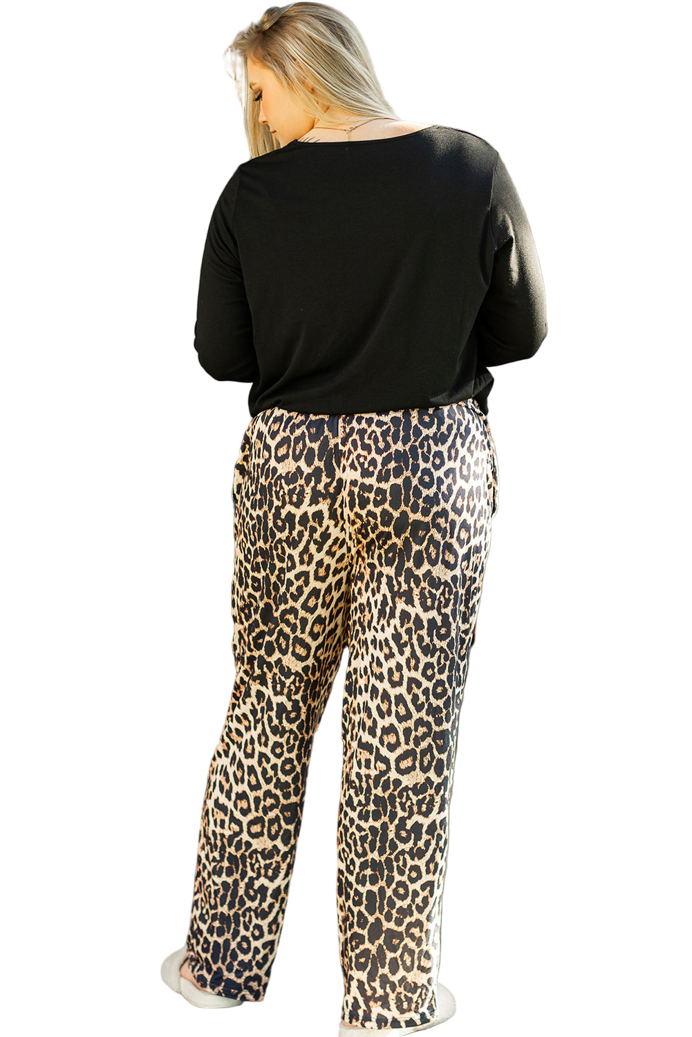 Black Leopard Patched Pocket Long Sleeve Top Plus Size Pants Set