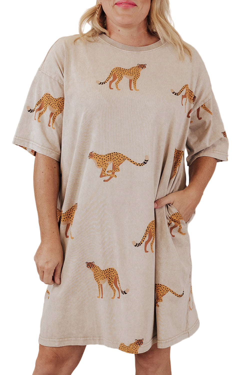 Apricot Plus Size Cheetah Print Side Pockets T Shirt Mini Dress