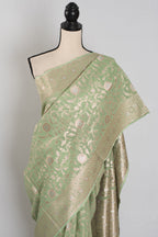 Mohini: Sea Green & Gold Jamdani Banarasi Saree | Cotton Silk Fusion