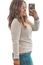 Parchment Ribbed Contrast Leopard Edge Round Neck Plus Size Top