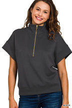Zenana Full Size Scuba High Neck Half Zip Short Sleeve Top Plus Size