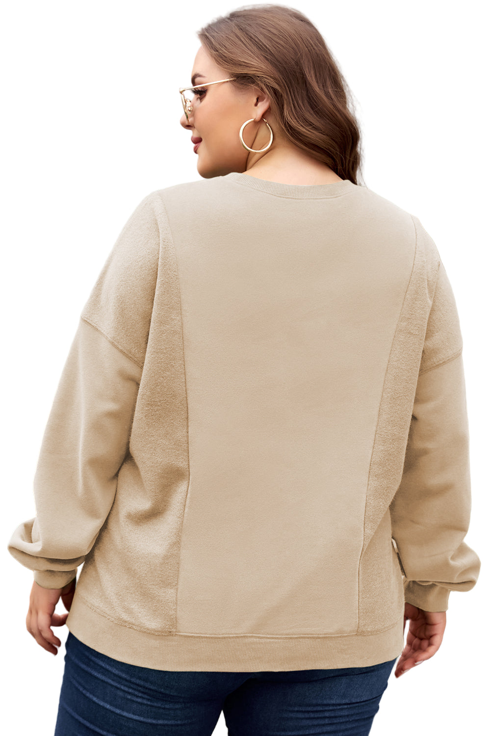 Apricot Loose Patchwork Crewneck Plus Size Sweatshirt
