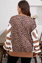Purple Leopard Striped Patchwork Plus Size Loose Sweatshirt