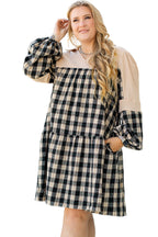 Black Plaid Waffle Knit Patchwork Collared V Neck Plus Size Mini Dress