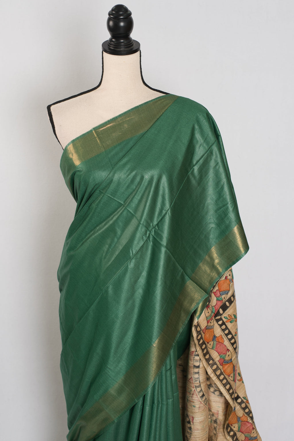 Bina : Dark Green Staple Tussar Saree | Hand-Painted Madhubani Pallu